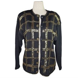 Victoria Harbour Vintage Black Gold Beaded Sequin Cardigan Sweater L